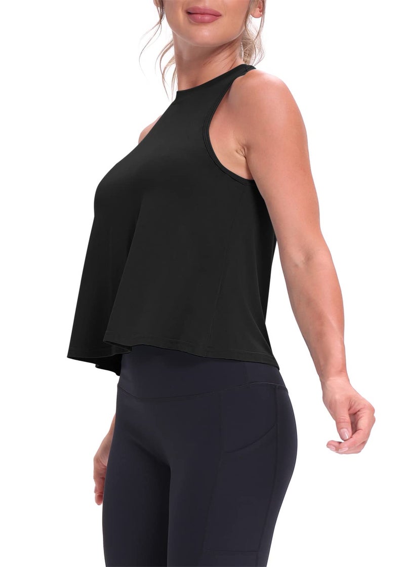Mippo Cropped Tank Flowy Crop Top Workout Shirts High Neck Tank Athletic Shirts Loose Workout Tops for Women Black XL - Image 4